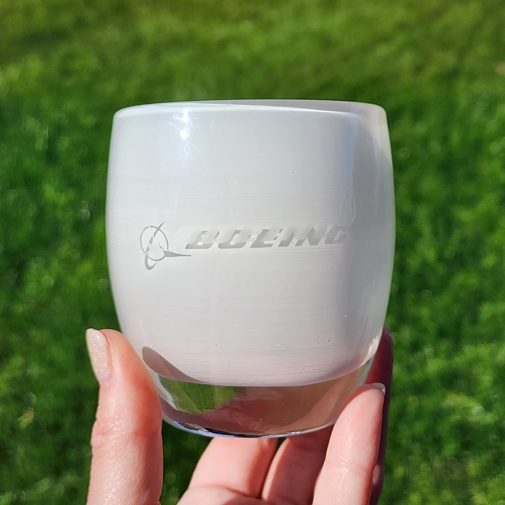 Glassybaby Hoda White Hand Blown Glass Votive Candle Holder Etched Boeing Logo